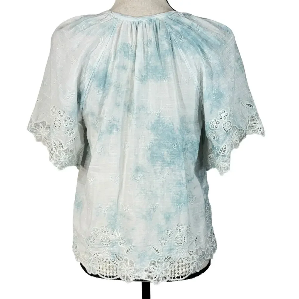 Anthropologie X-Small Top Tie-Dye Floral Embroidered Keyhole V-Neck Eyelet Lace